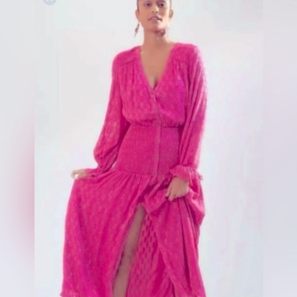 Anthropologie Smocked Pink Long Sleeve Maxi Dress New Small